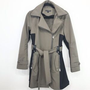 Via Spiga Taupe Black Panel Belted Zip Hood Faux Fur Lined Trench Coat